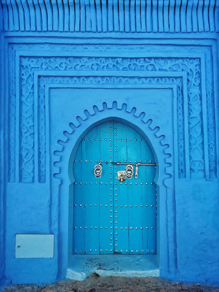 blue painted wall and door at daytime, morocco, chefchaouen, entrance, HD wallpaper
