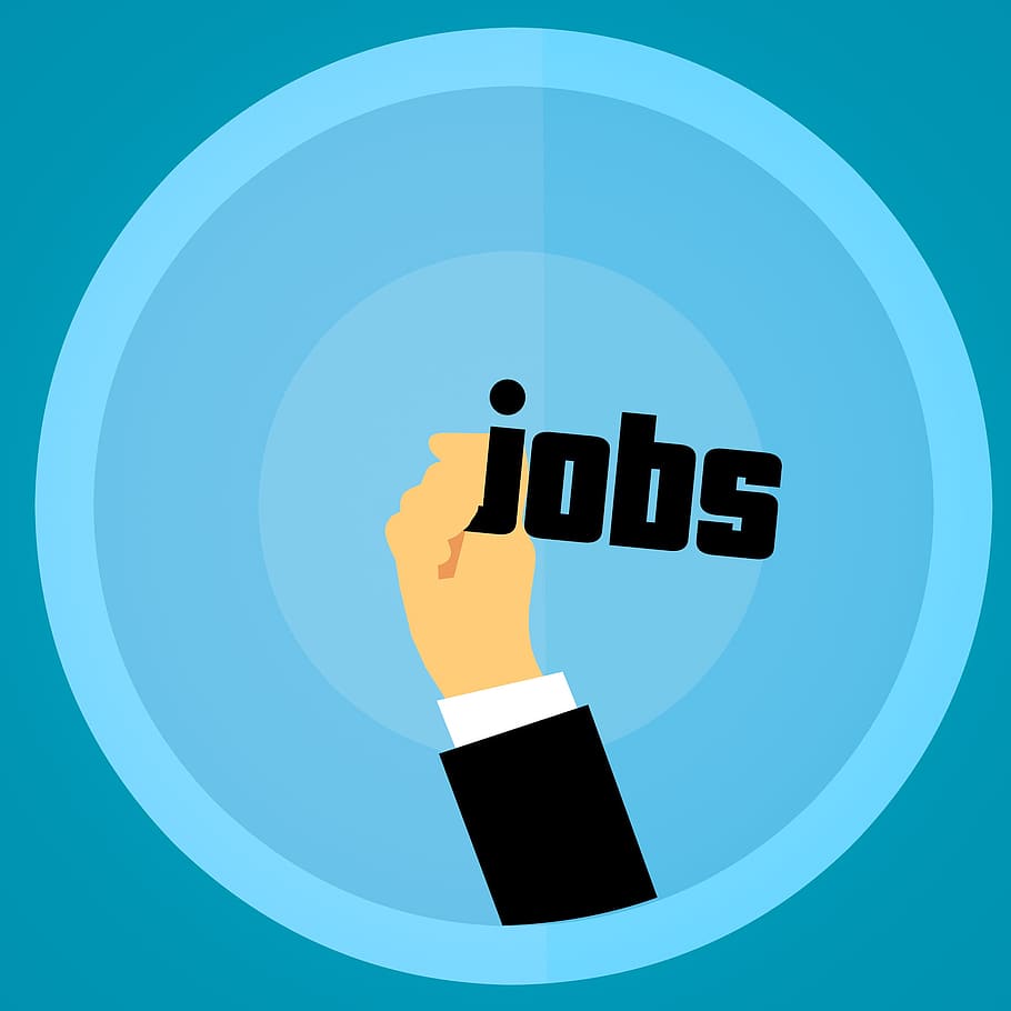 Illustration of hand holding the word Jobs., hiring, recruitment, HD wallpaper