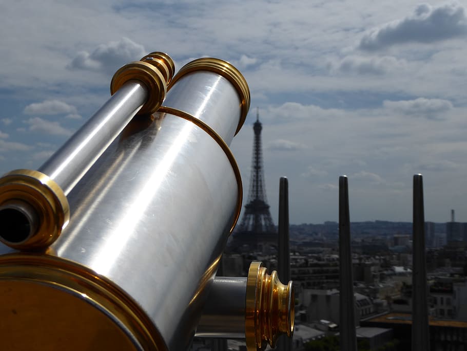 focus photography of telescope on Eiffel Tower, Paris, city, cloud HD wallpaper