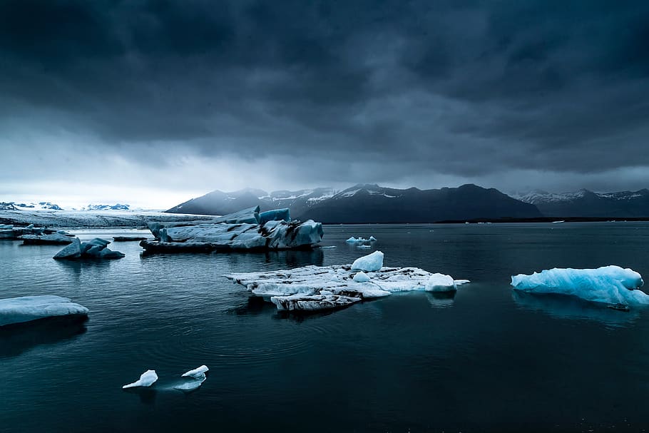sea, ocean, blue, water, nature, iceberg, mountain, dark, cloud HD wallpaper