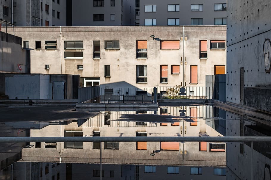 france, nantes, reflection, reflections, puddle, street, building HD wallpaper