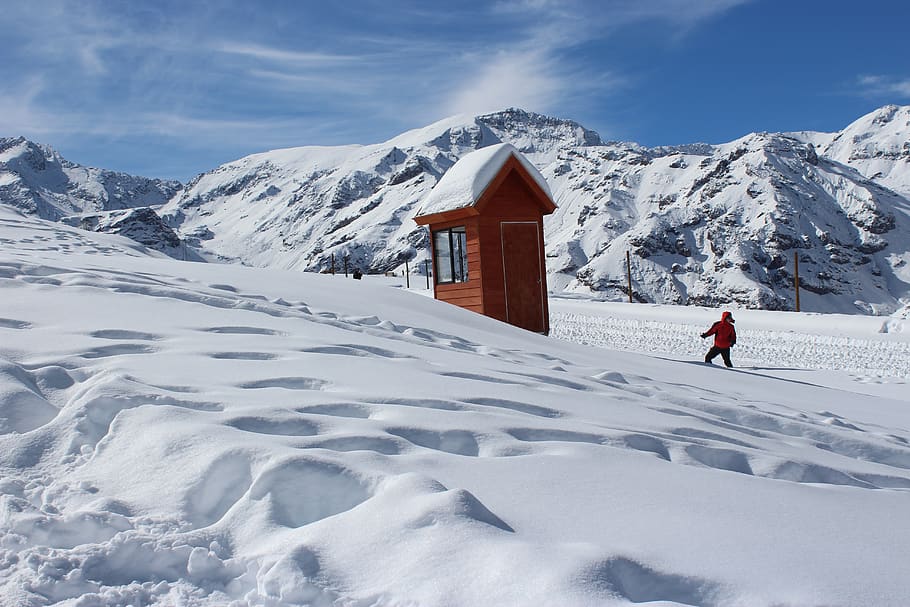 Photo of Person in Red Coat Near Brown House in Snow, clouds HD wallpaper