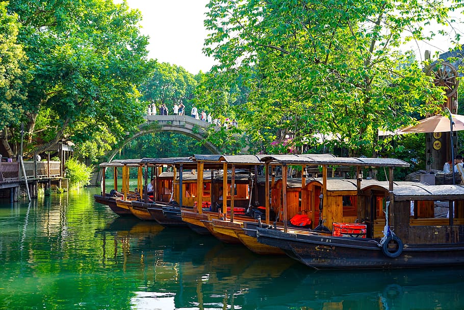 wuzhen, boat, boating, river, antiquity, nautical vessel, tree, HD wallpaper