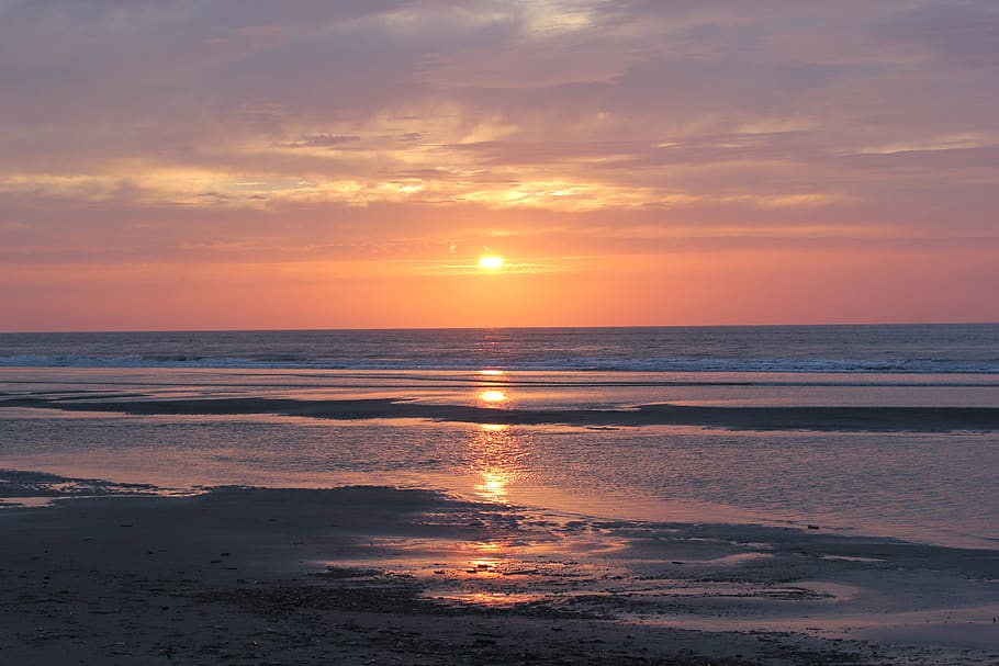 sunset, sea, sky, water, beach, dusk, wave, horizon, evening HD wallpaper