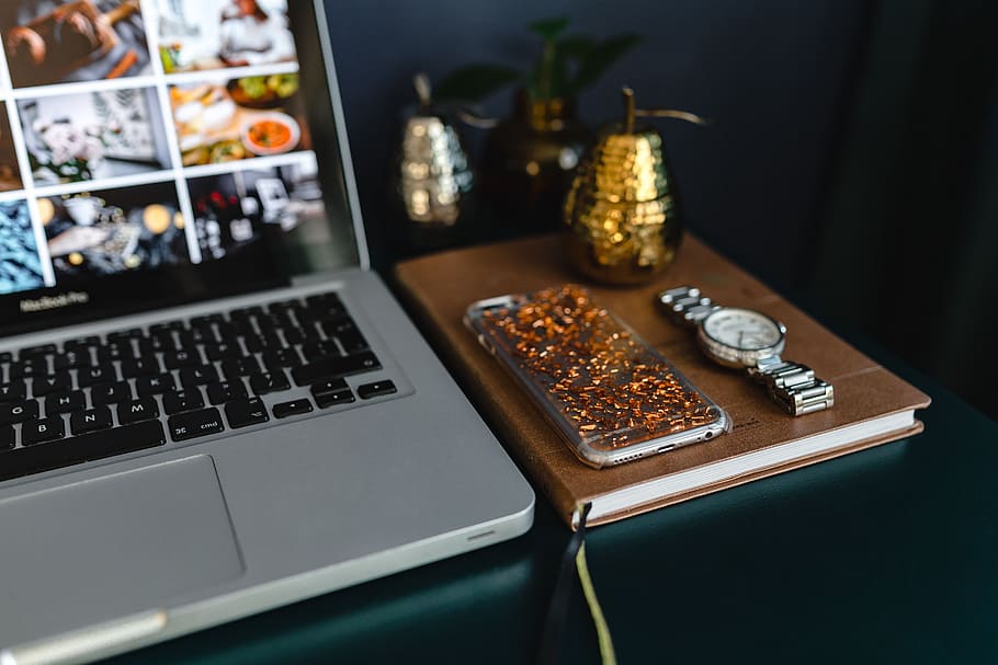 Home office desk with Macbook, iPhone, calendar, watch & organizer, HD wallpaper