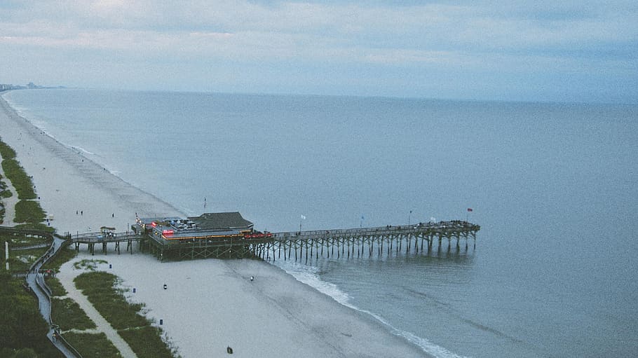 beach, pier, ocean, restaurant, water, sea, sky, beauty in nature HD wallpaper