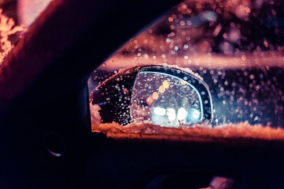 Car Rear-View Side Mirror in Snowy Weather, abstract, bokeh, calamity