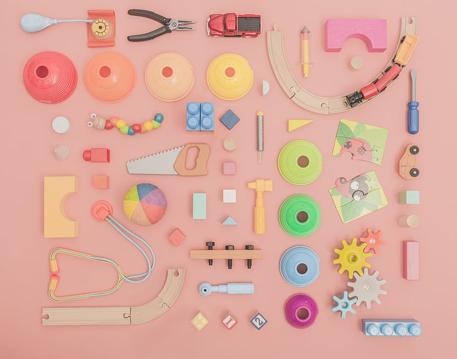 Bright Colored Kids Toys Photo, Flatlay, Tools, large group of objects