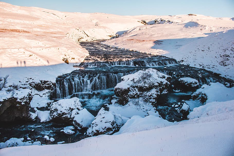 River Between Snow Field View, clouds, cold, daylight, falls HD wallpaper