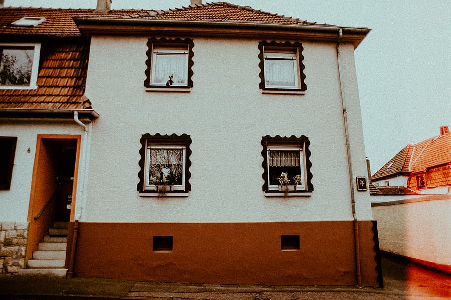 Two Opened Window on Brown and White Building, architectural design HD wallpaper