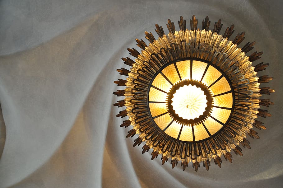 Round Yellow Lamp, ceiling, chandelier, light, shape, geometric shape HD wallpaper