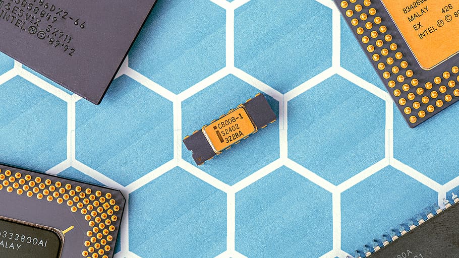 Black and Yellow Electronic Chip, circuit, components, cpu, design HD wallpaper