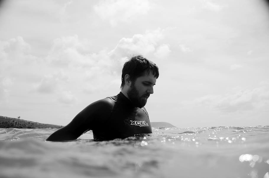 man, beard, black, white, surfing, swimming, sunshine, clouds HD wallpaper