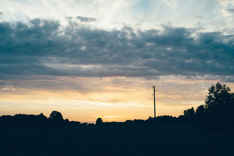 Pole and power lines at sunset, beautiful, blue, cloud, clouds HD wallpaper