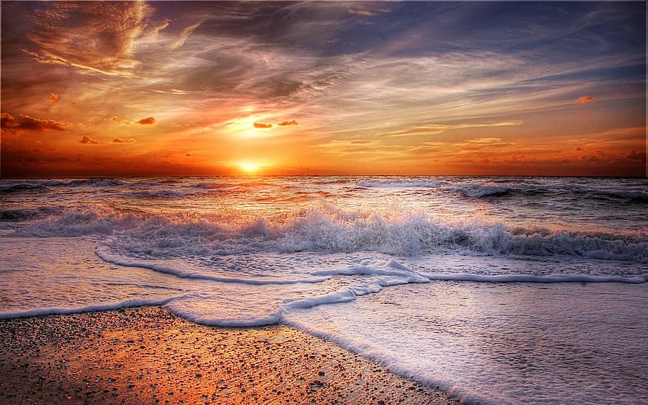 Splashing Waves, beach, clouds, coast, dawn, landscape, nature HD wallpaper