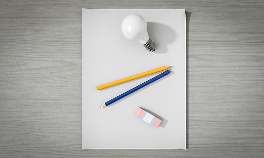 Close-up of Colored Pencils, blank, creative, desk, eraser, light bulb HD wallpaper