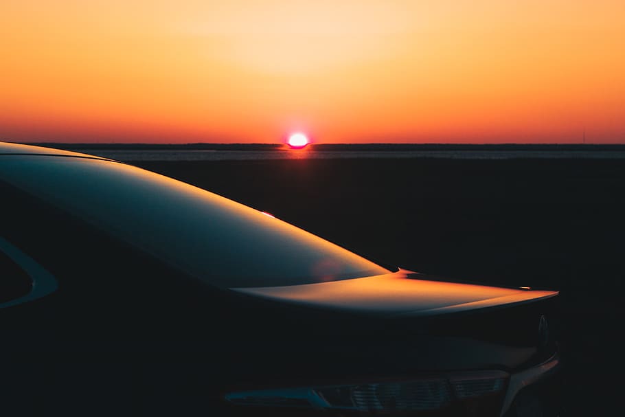 sunset, sunrise, ocean, bay, marsh, car, reflection, sky, sea HD wallpaper