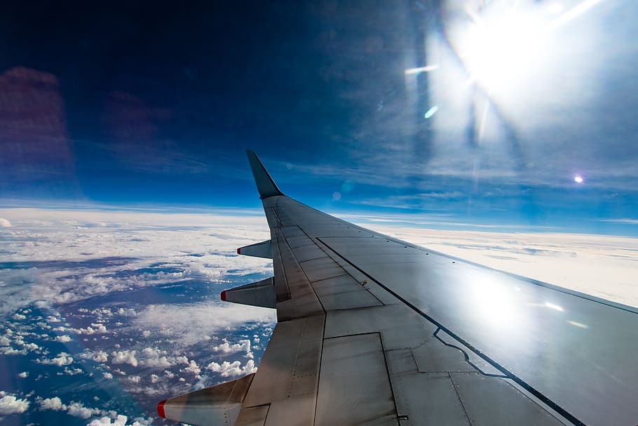 sky, clouds, wing, airplane, air vehicle, mode of transportation HD wallpaper