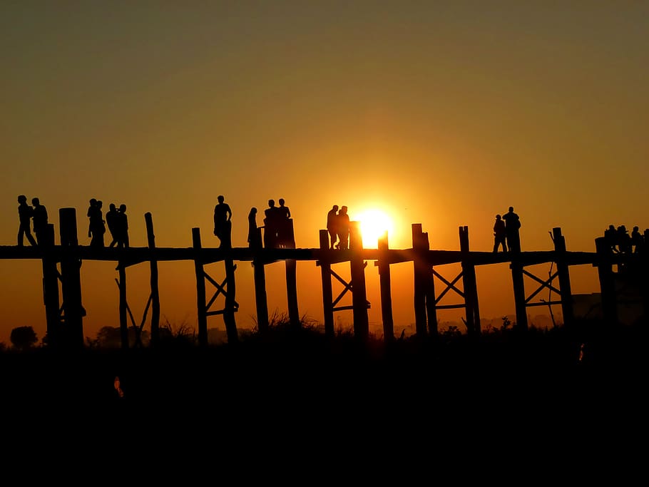 sunset, bridge, burma, landscape, twilight, evening, architecture HD wallpaper