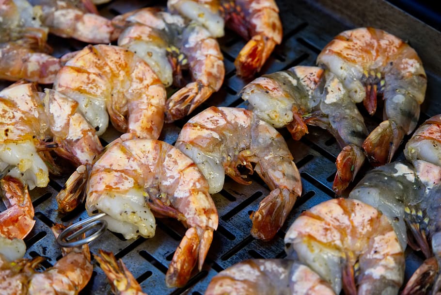 shrimp, grill, spit, grooved, seafood, delicious, nutrition HD wallpaper