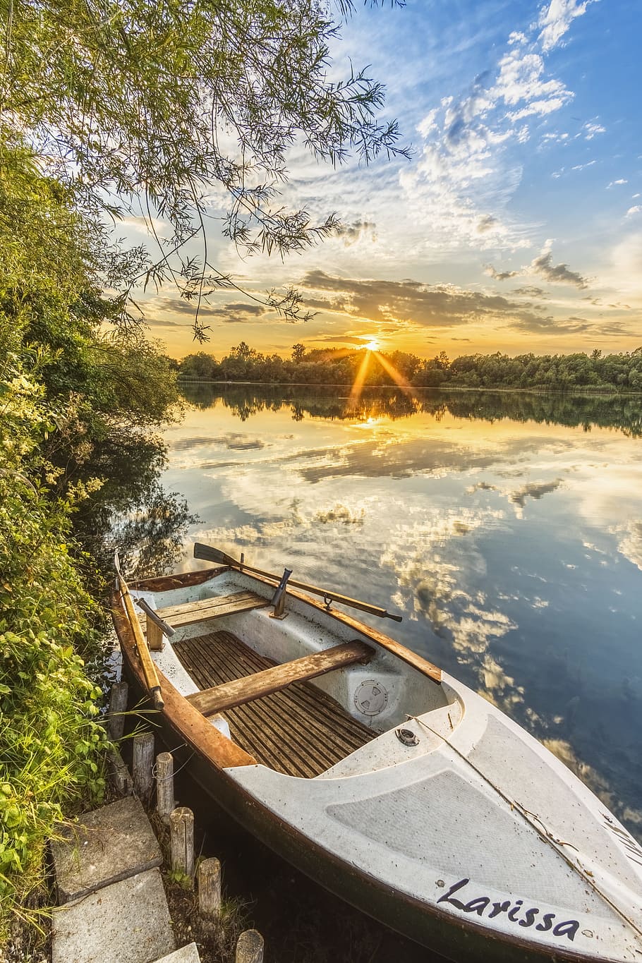 White Larissa Boat, clouds, daylight, dusk, fishing boat, golden hour HD wallpaper