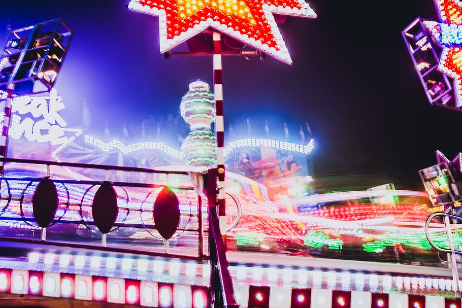 carousel, lights, fair, night, illuminated, motion, city, communication HD wallpaper
