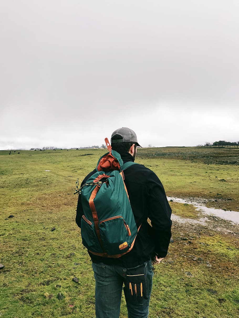 nature, explore, rain, person, green, rear view, field, sky HD wallpaper
