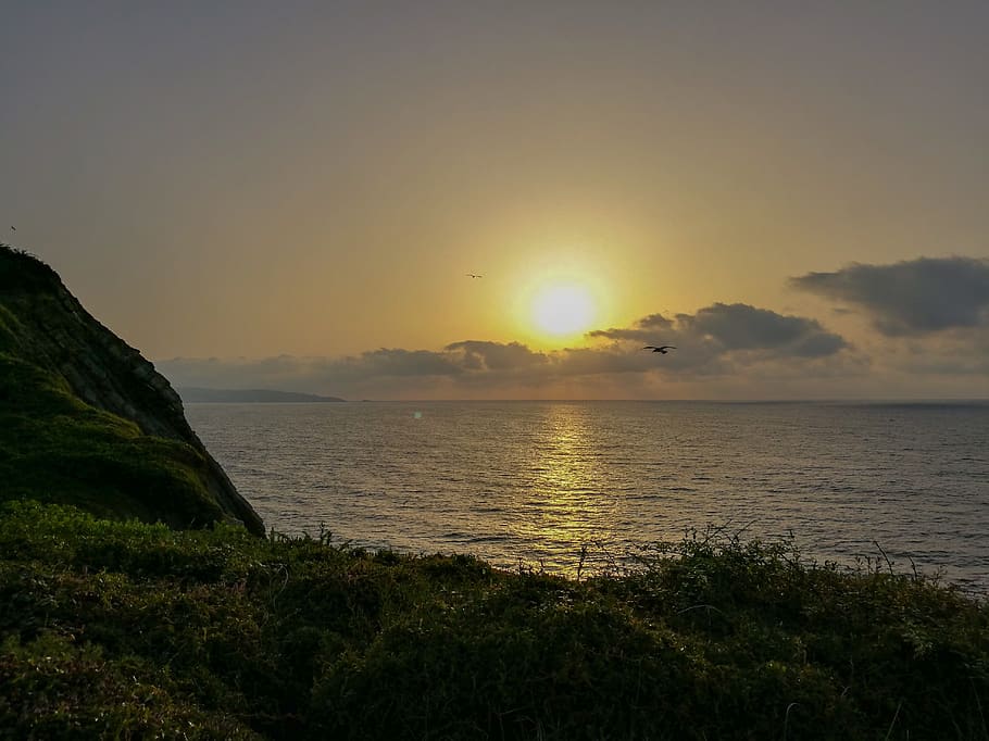 ocean, beach, cliff, paysbasque, sunset, clouds, sky, water HD wallpaper