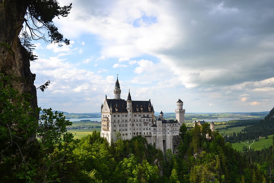 neuschwanstein, castle, landscape, trees, leaves, clouds, terrain HD wallpaper