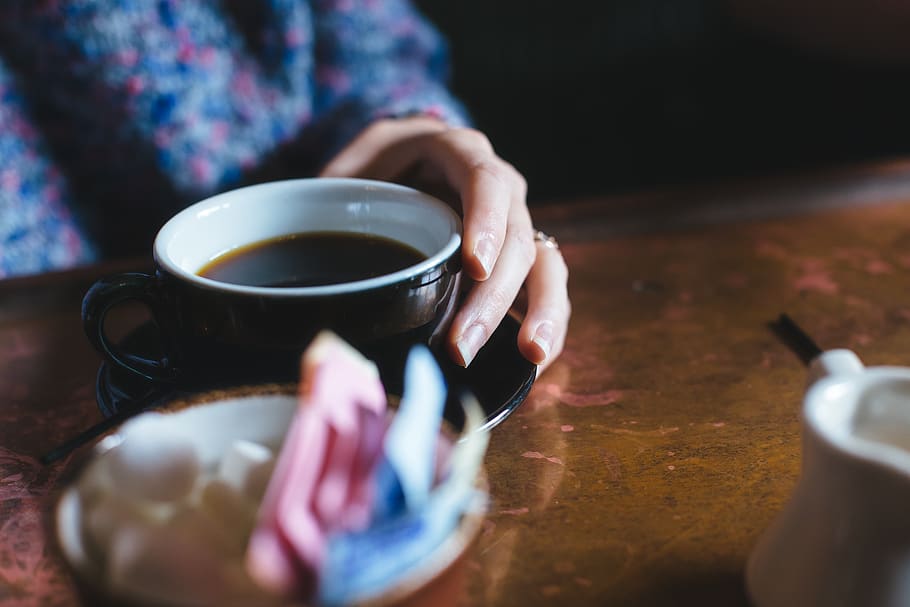 caffeine, coffee, cup, drink, hand, mug, table, food and drink HD wallpaper