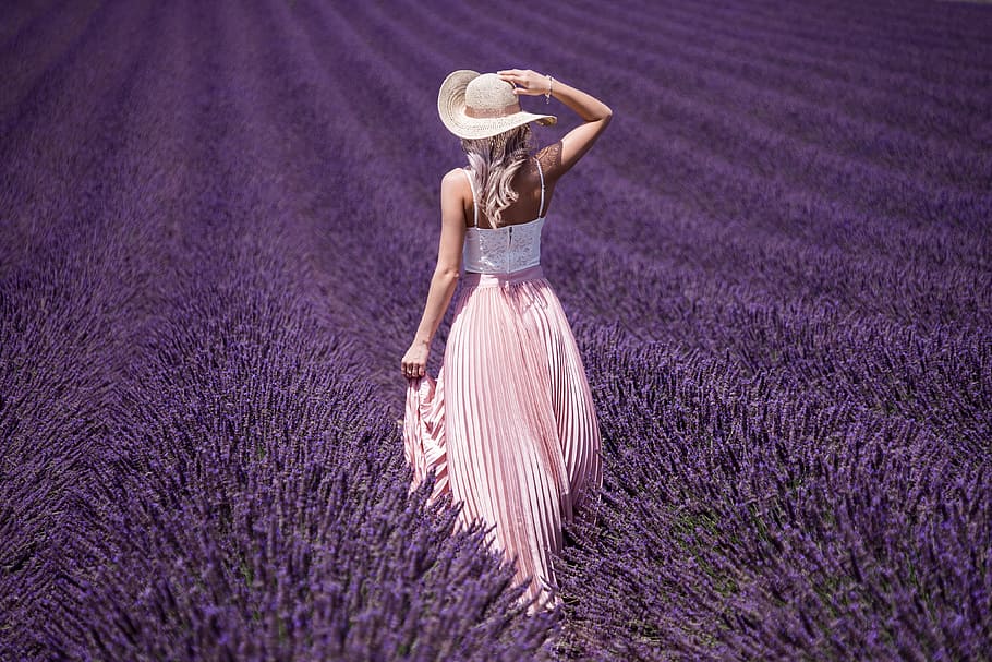 Beautiful Lady in Lavender Field, beauty, blonde, dreamy, dress, HD wallpaper