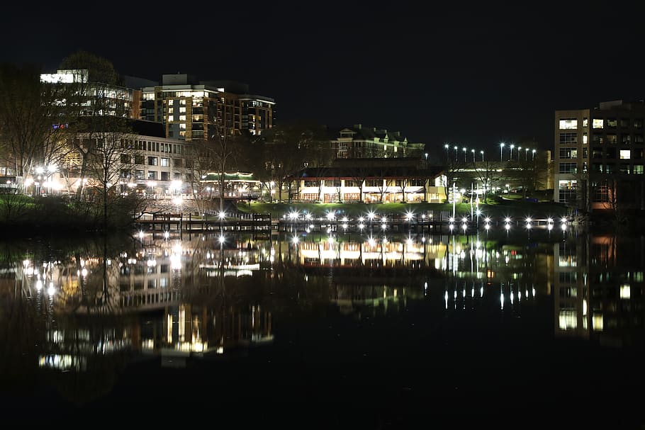 water, reflection, city, night lights, lake, illuminated, building exterior HD wallpaper