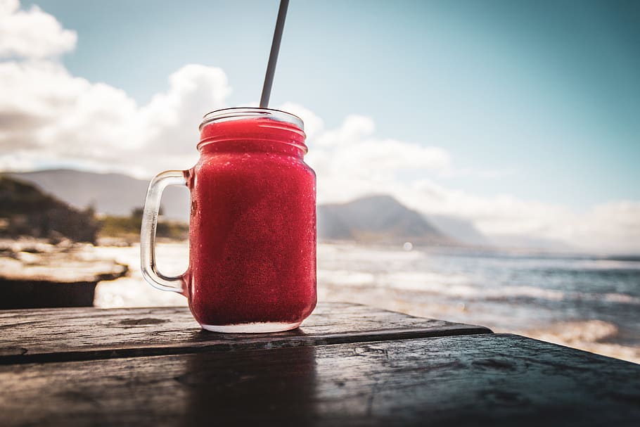 Red Liquid Filled Glass Jar on Wooden Plank, beach, beverage HD wallpaper