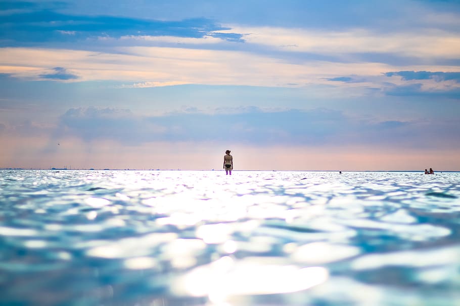 person in water, blue sky, cloudscape, swim, solitude, alone HD wallpaper
