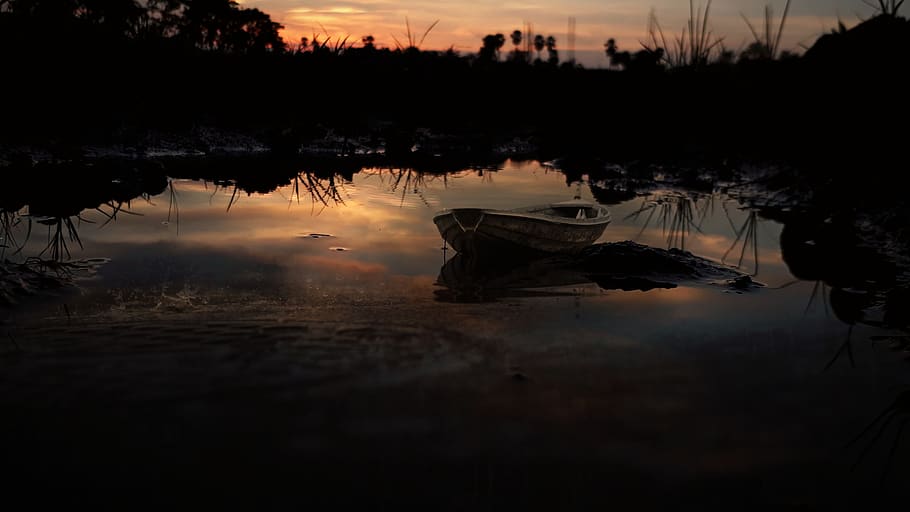 sunset, evening, boat, landscape, lake, pond, river, forest HD wallpaper