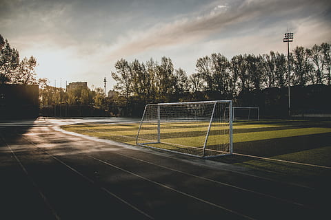 Soccer Open Field, asphalt, dawn, empty, evening, goal, grass HD wallpaper