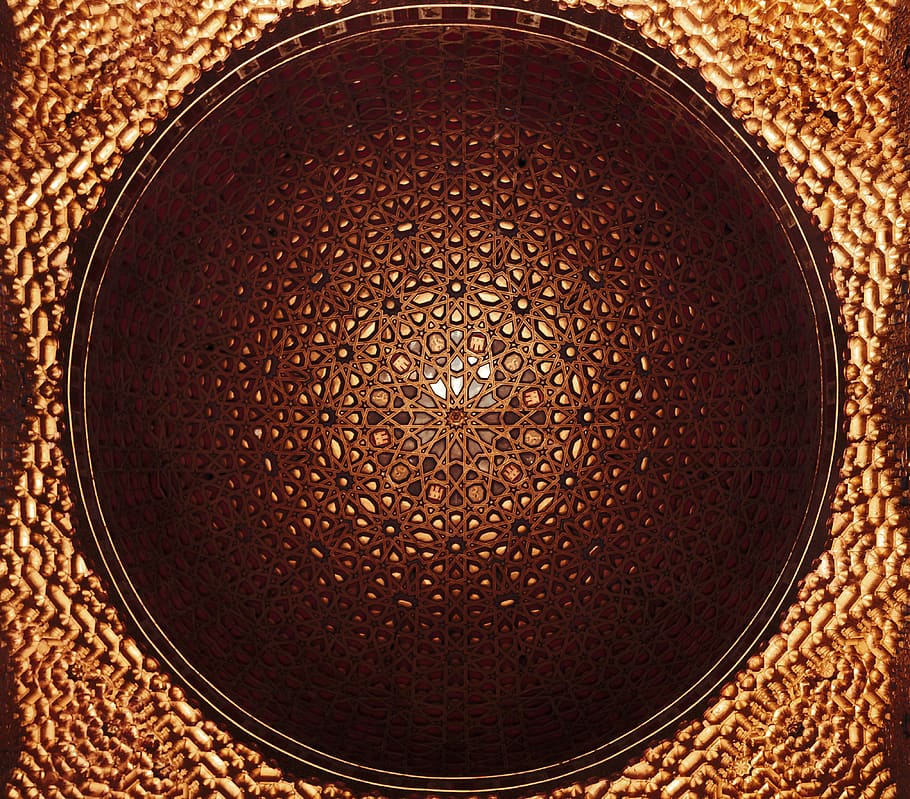 simmetry, architecture, golden, ornament, arabic, ceiling, dome HD wallpaper