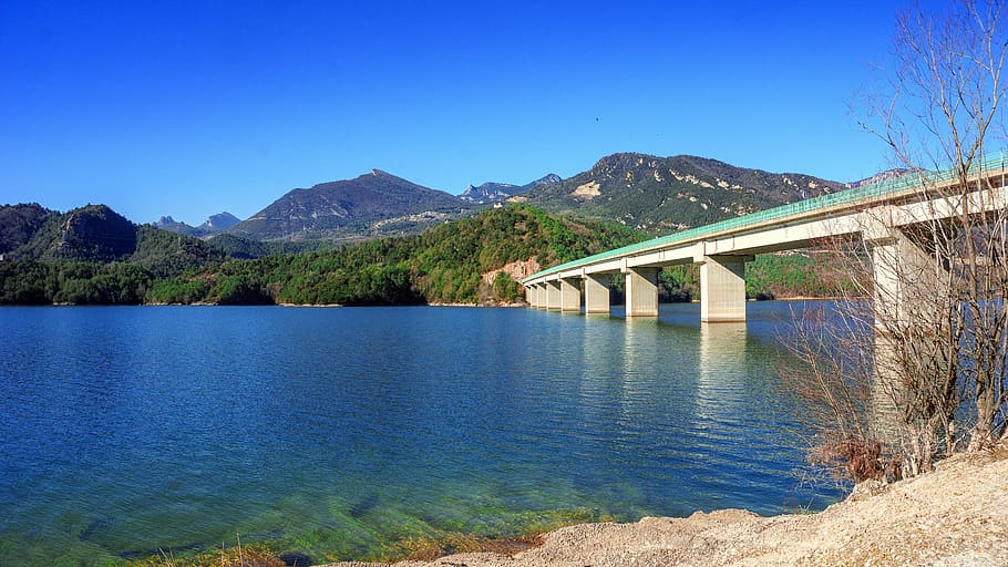 bridge, water, lake, architecture, panorama, landscape, mountains HD wallpaper