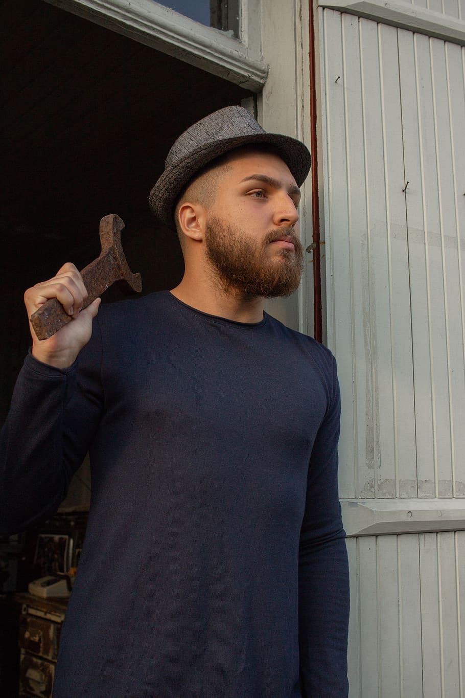 Men Wearing Blue Long Sleeve Shirt, beard, cap, casual, facial expression HD wallpaper