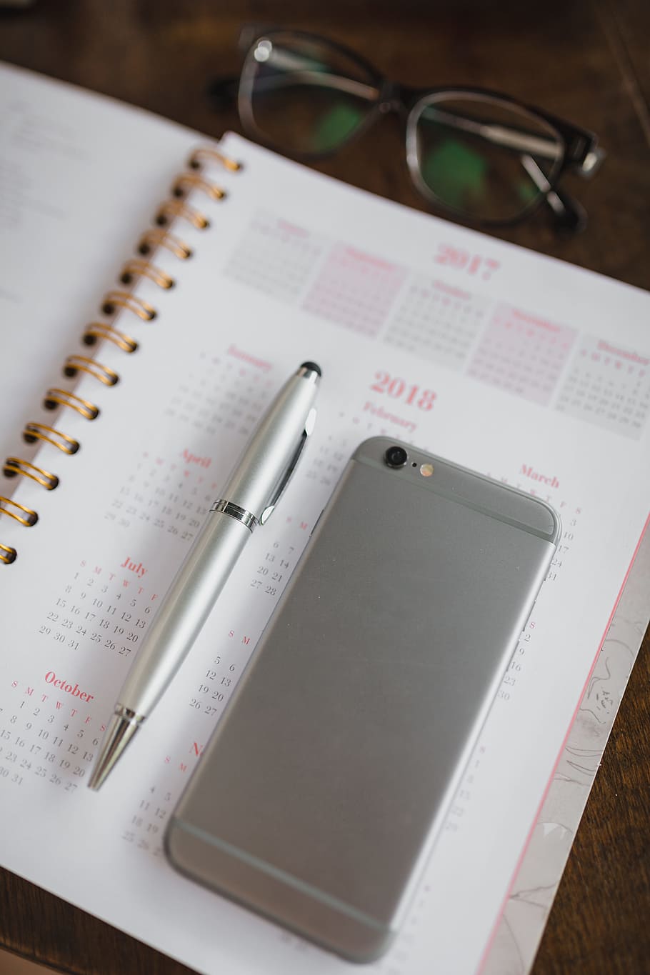 Pink calendar, notebook, diary, desk, communication, glasses HD wallpaper
