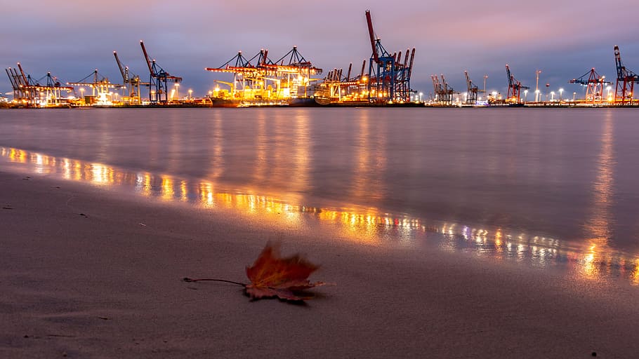 elbe, hamburg, evening, lights, dark, water, maritime, shipping HD wallpaper