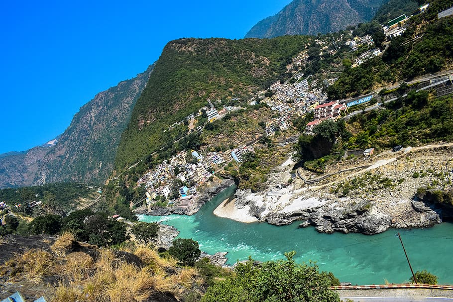 india, devaprayag, mountains, hills, river, ganga, ganges, confluence, HD wallpaper