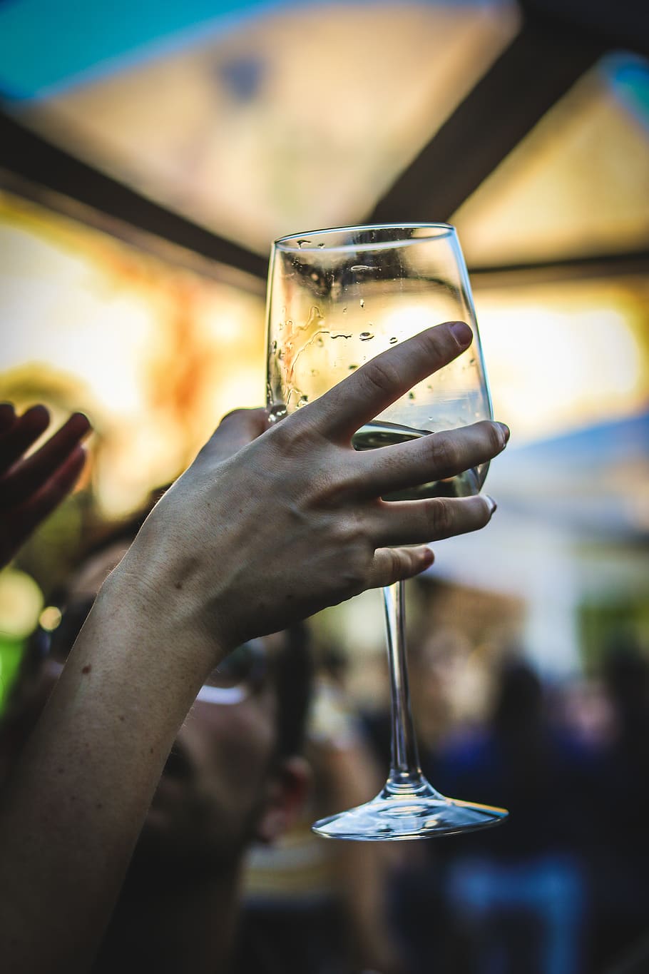 half filled champagne glass held up in air, finger, drink, human, HD wallpaper