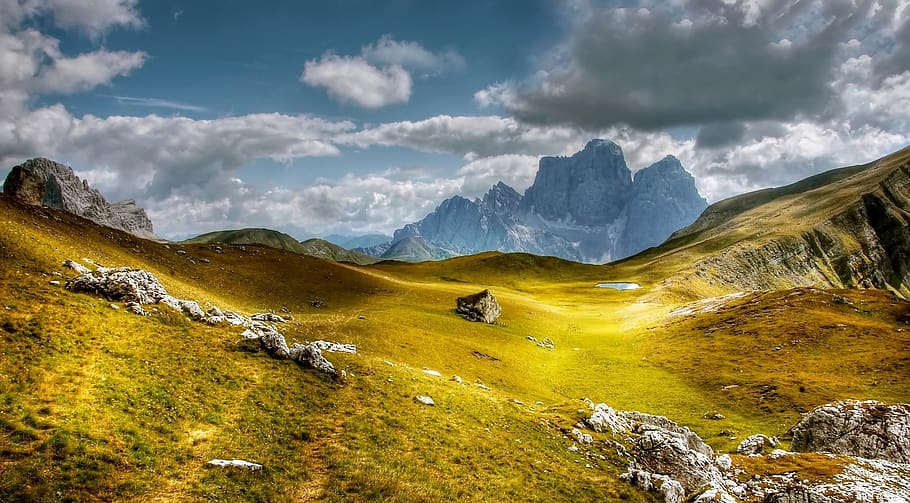Mountains Under White Clouds, adventure, alpine, blue, daylight HD wallpaper