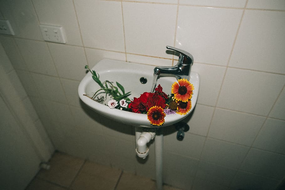 variety of flowers in white ceramic pedestal sink, love, teen