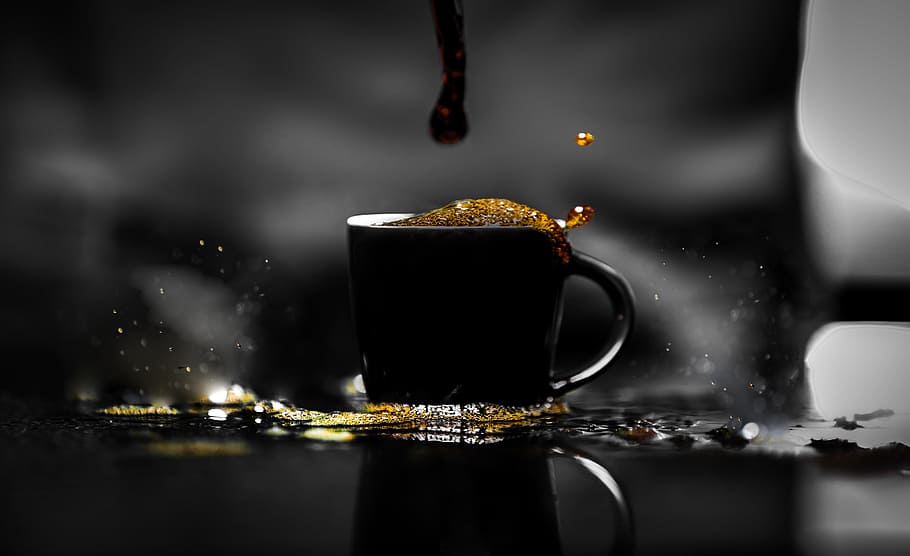 Macro Photography of Spilled Coffee-filled Teacup, beverage, black coffee