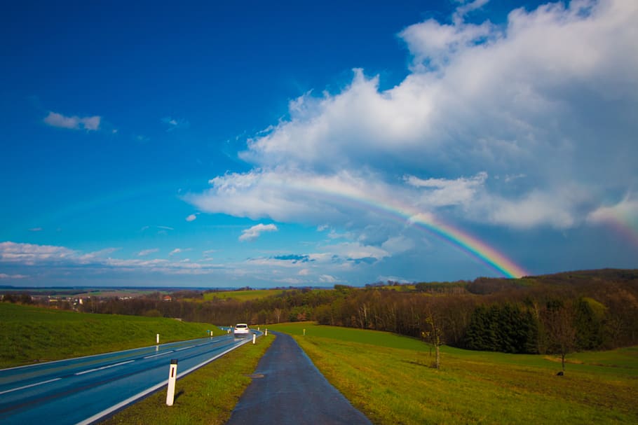 nature, paths, roads, streets, grass, trees, rainbow, sky, clouds HD wallpaper