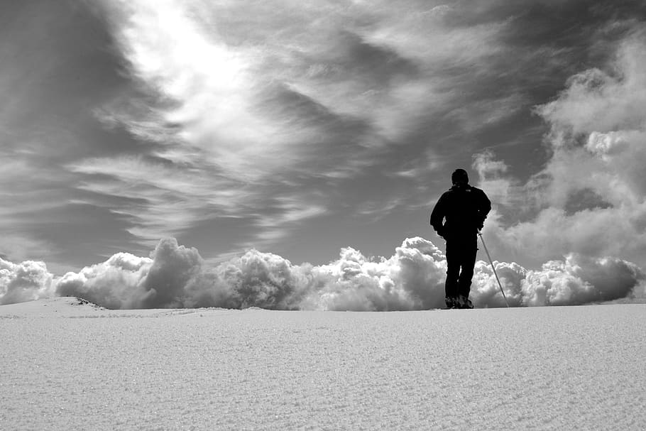 snow, sky, clouds, mountains, ski, skiing, cloud - sky, one person HD wallpaper