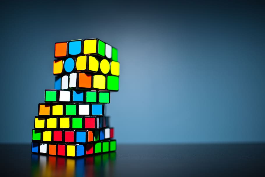 multi-color rubicks cube, multi colored, studio shot, indoors, HD wallpaper