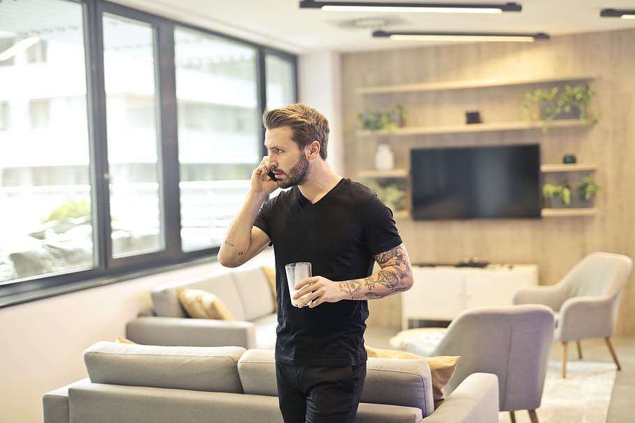 Man Calling on Phone, chairs, contemporary, drinking, drinking glass HD wallpaper